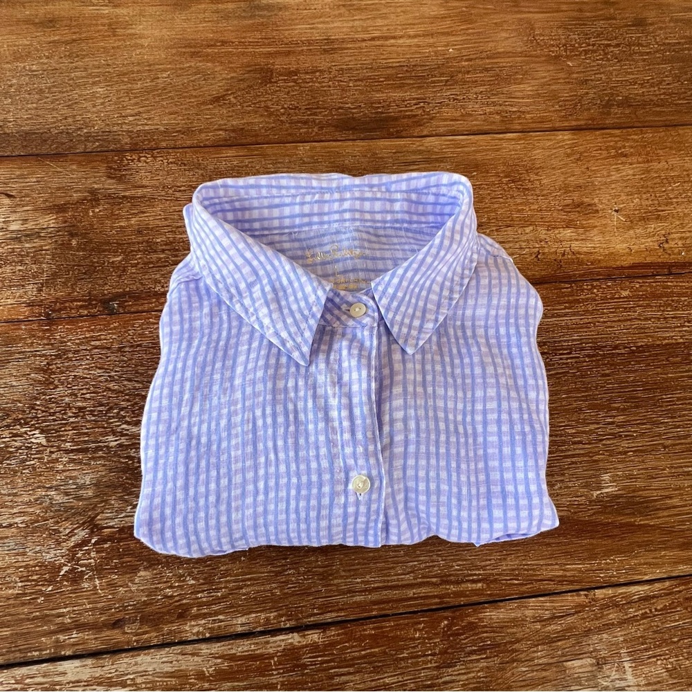 Lilly Pulitzer 100% Linen Button Down Shirt Women’s Purple Blue Plaid Size Large - Picture 14 of 15